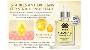 Vitamin C Serum hochdosiert - Anti-Aging-Formel mit Ferulasäure, Aloe Vera & Hyaluronsäure | Faltenreduktion, Feuchtigkeits-Booster für empfindliche Haut– ohne Zusatzstoffe, Bio, 15% Vitamin C, | Hime®