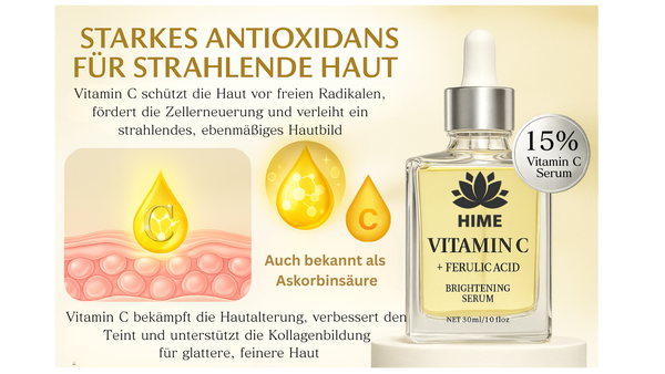 Vitamin C Serum hochdosiert - Anti-Aging-Formel mit Ferulasäure, Aloe Vera & Hyaluronsäure | Faltenreduktion, Feuchtigkeits-Booster für empfindliche Haut– ohne Zusatzstoffe, Bio, 15% Vitamin C, | Hime®