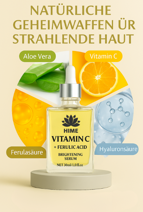 Vitamin C Serum hochdosiert - Anti-Aging-Formel mit Ferulasäure, Aloe Vera & Hyaluronsäure | Faltenreduktion, Feuchtigkeits-Booster für empfindliche Haut– ohne Zusatzstoffe, Bio, 15% Vitamin C, | Hime®